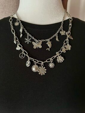 Myra Bag Silver Layered Charm Necklace with Floral & Nature Charms